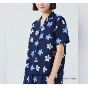 Marimekko Uniqlo Oversized Linen Blend Open Collar Short-Sleeve Shirt Blue Sz M